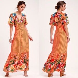 Lulu’s Roam the Riviera Floral Striped Button Up Maxi Dress